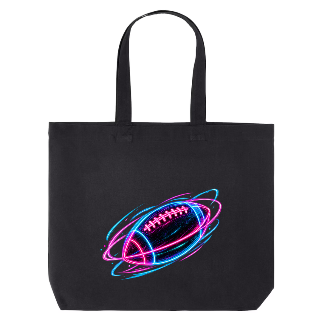 Neon Football design on black canvas tote