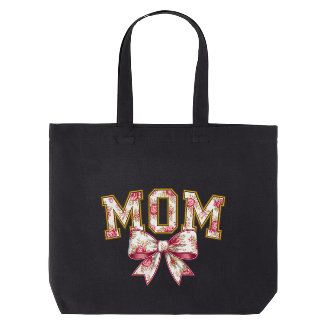 MOM design on black canvas tote