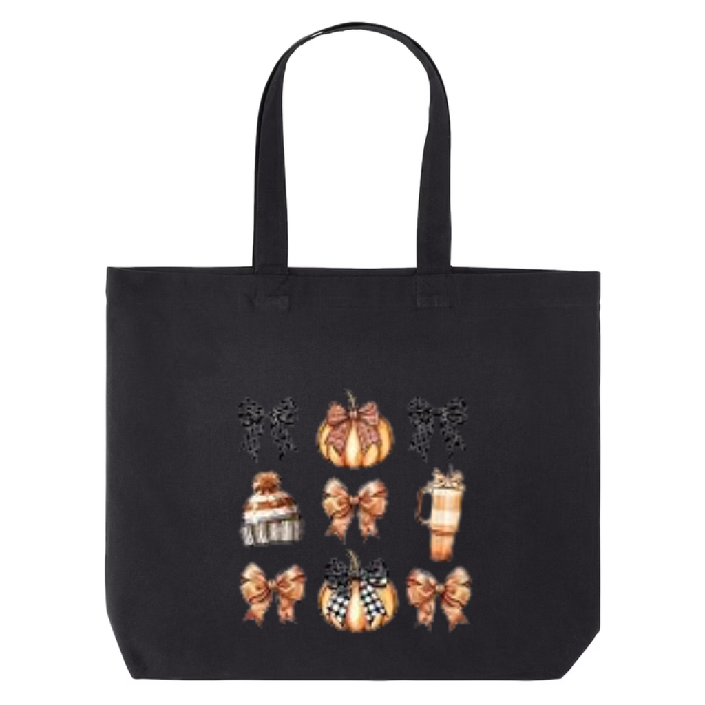 Cozy Bows and Brews design on black canvas tote