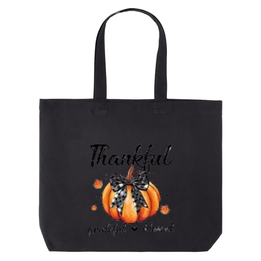 Thankful Grateful Blessed design on black canvas tote