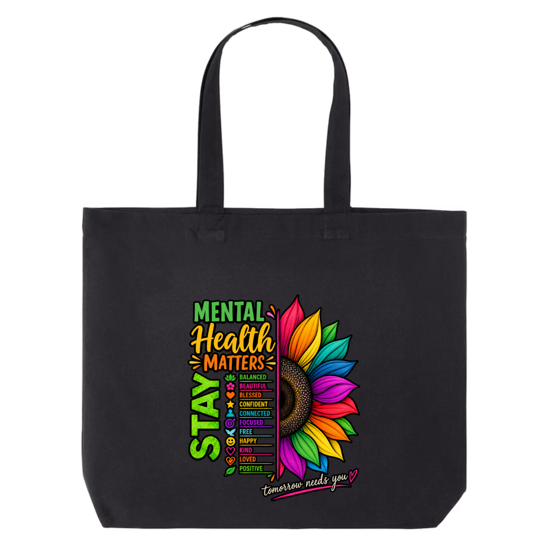 Mental Health Matters — Rainbow Sunflower design on black canvas tote