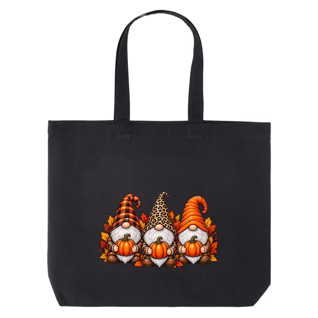 Fall Gnomes design on black canvas tote