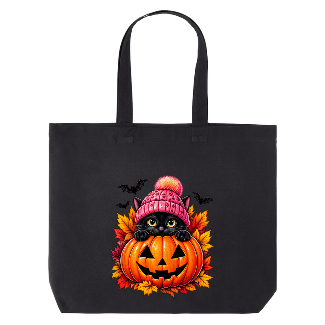 Black Cat Jack-O-Lantern design on black canvas tote