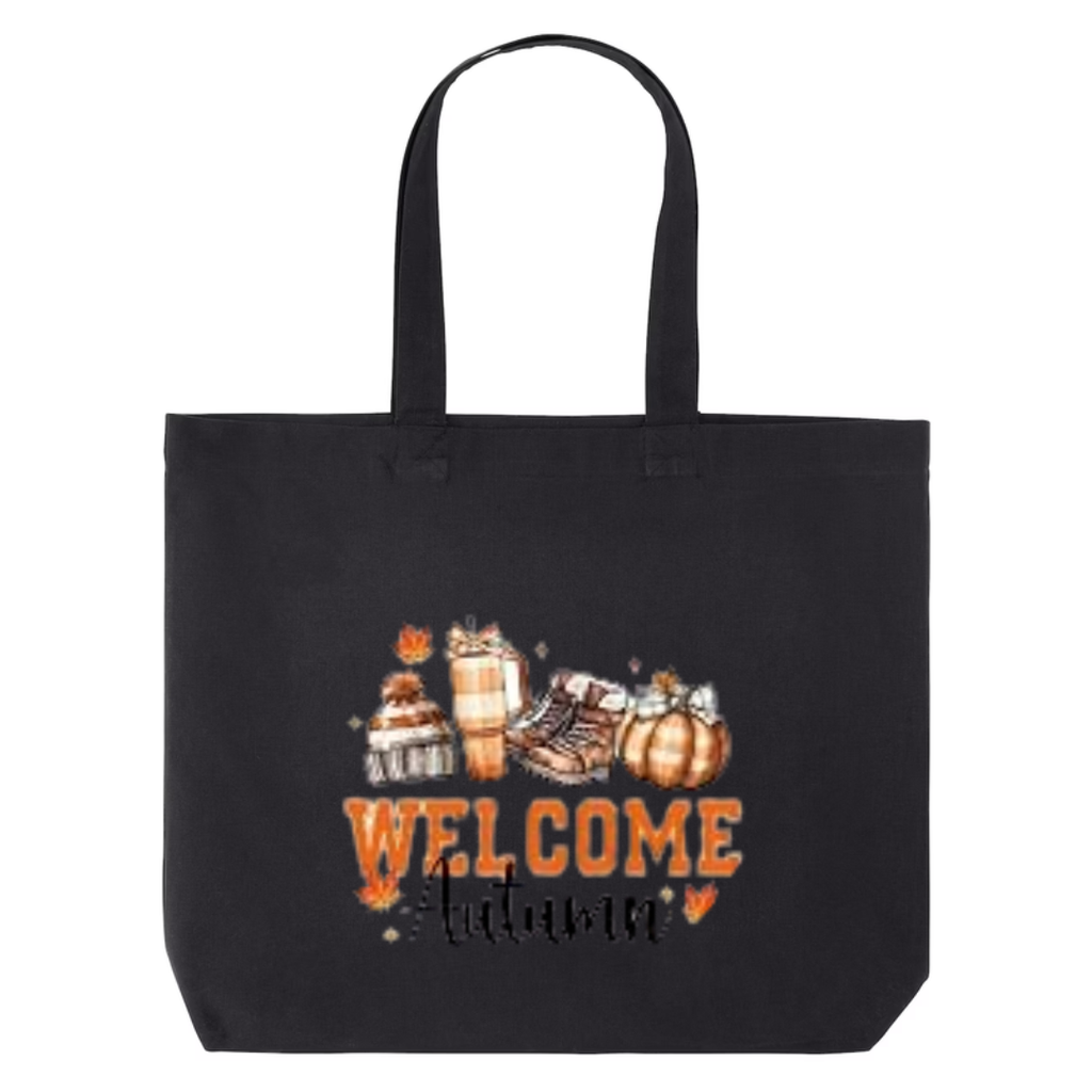 Welcome Autumn design on black canvas tote