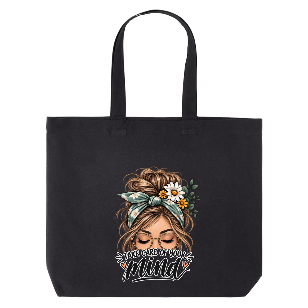 Take Care of Your Mind design on black canvas tote
