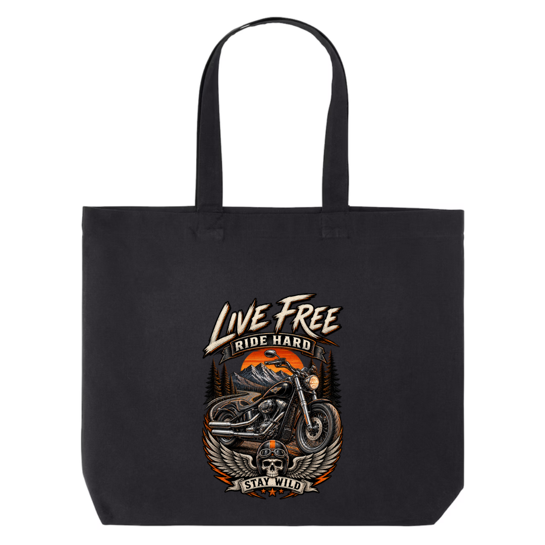 Live Free Ride Hard design on black canvas tote