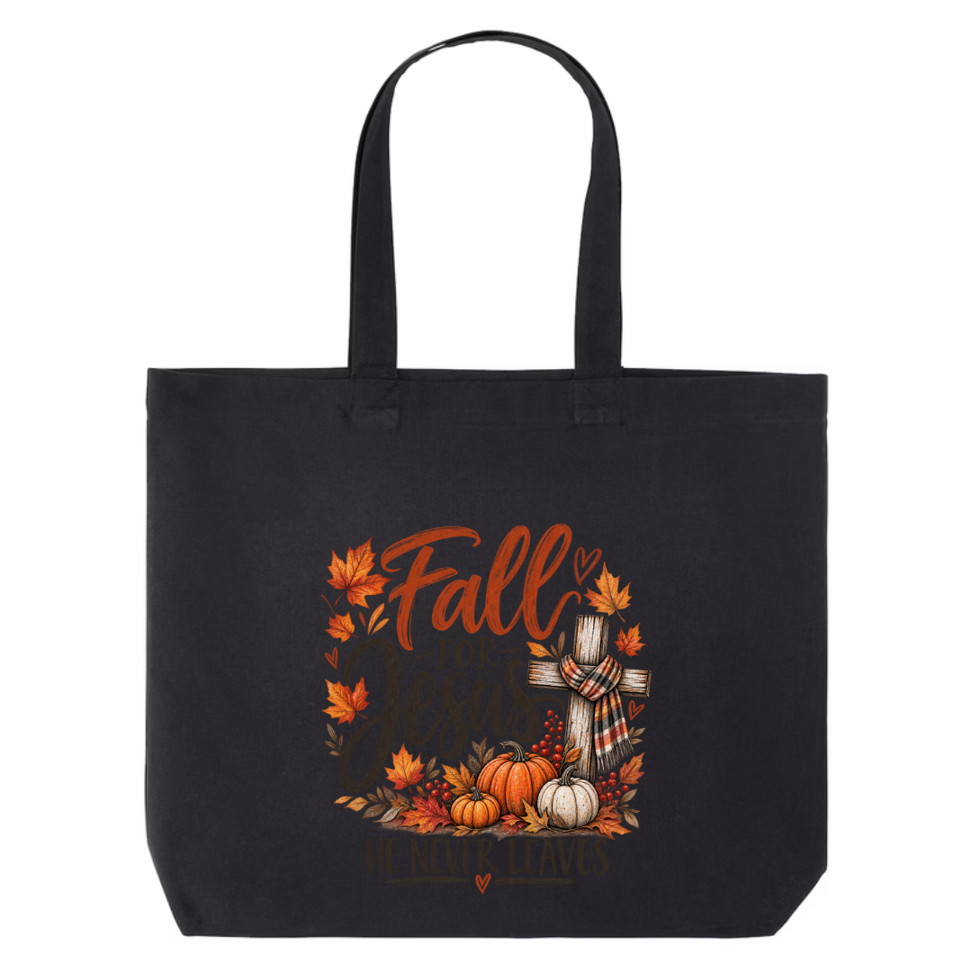 Fall For Jesus He Never Leaves — Watercolor design on black canvas tote