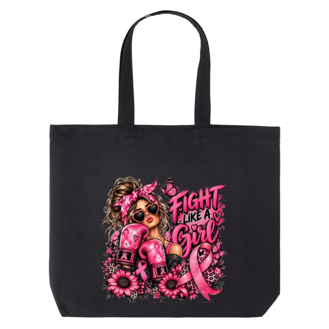 Fight Like A Girl — Boxing Gloves design on black canvas tote