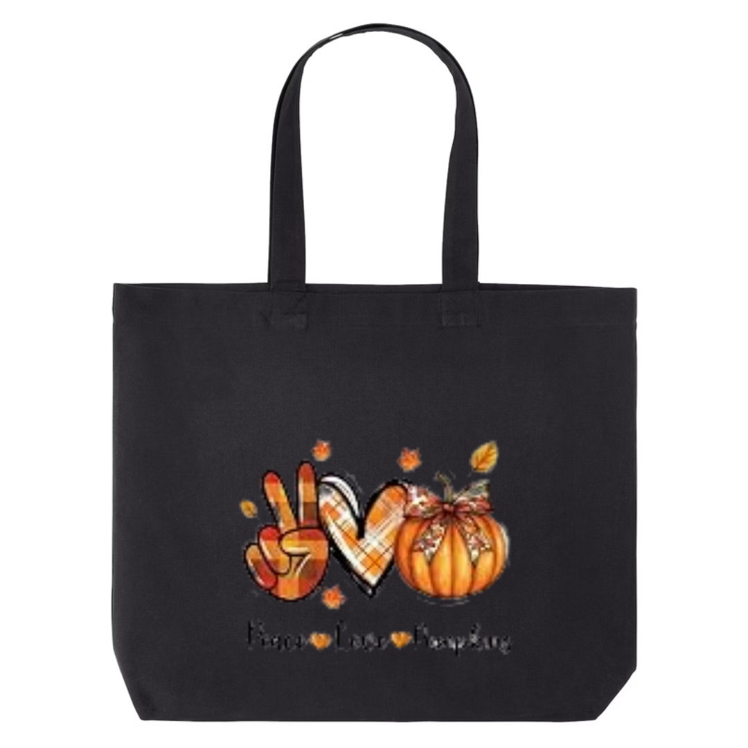 Peace Love Pumpkins design on black canvas tote