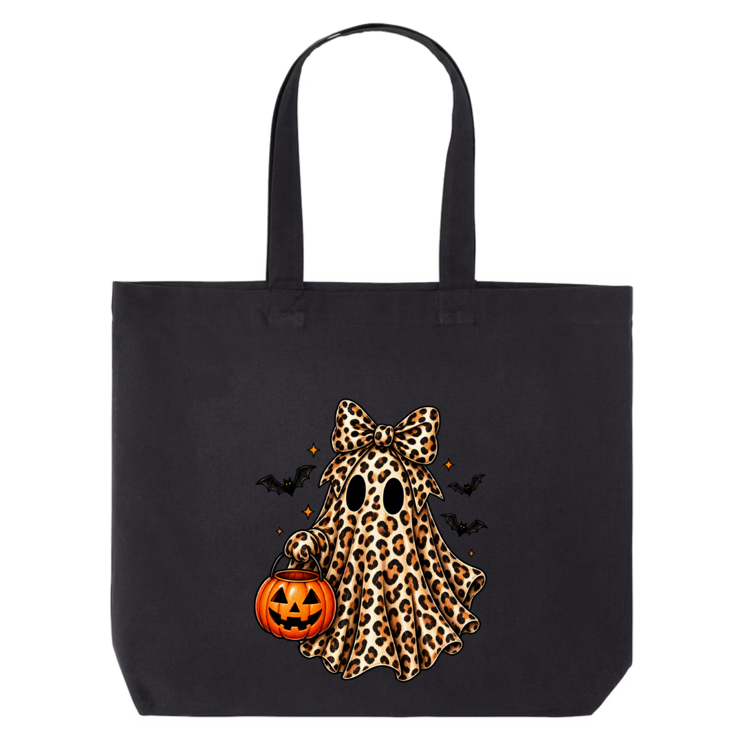 Leopard Ghost With Pumpkin Pail design on black canvas tote
