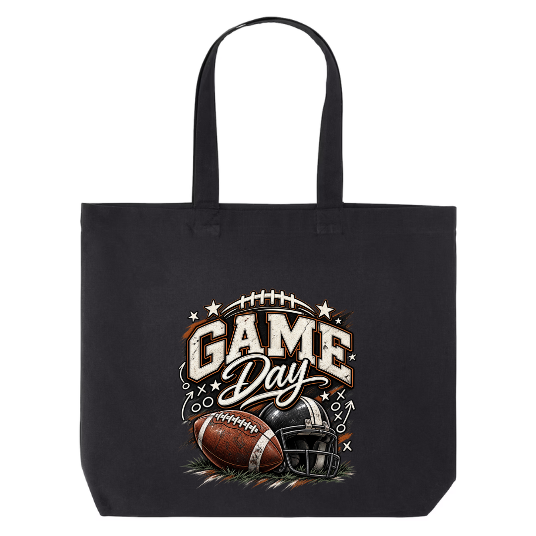 Game Day — Bold Retro design on black canvas tote