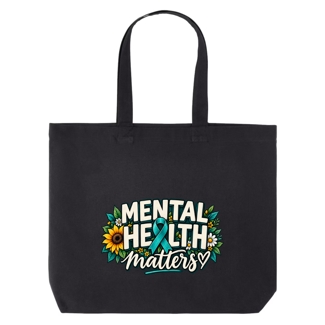 Mental Health Matters — Teal Ribbon design on black canvas tote