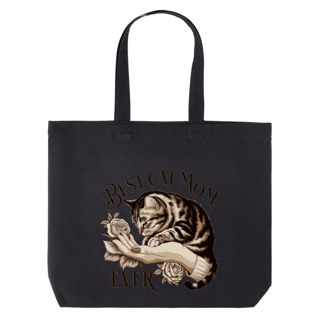 Best Cat Mom Ever design on black canvas tote