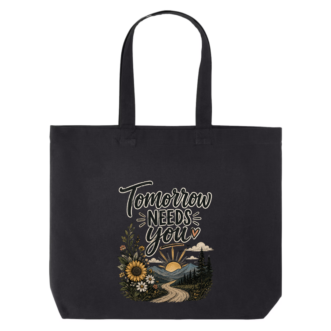 Tomorrow Needs You design on black canvas tote