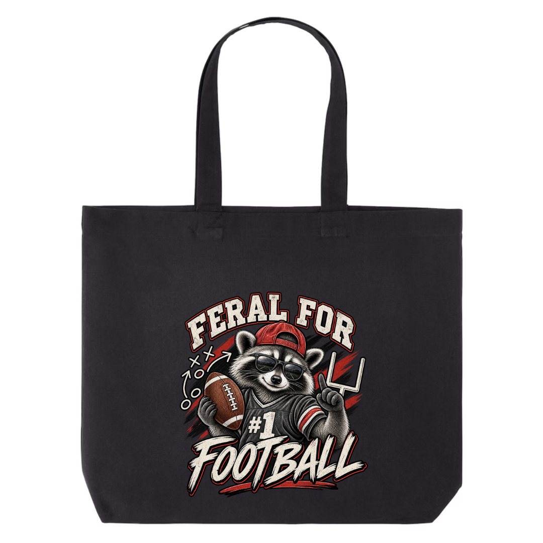 Feral For Football — Varsity Red design on black canvas tote