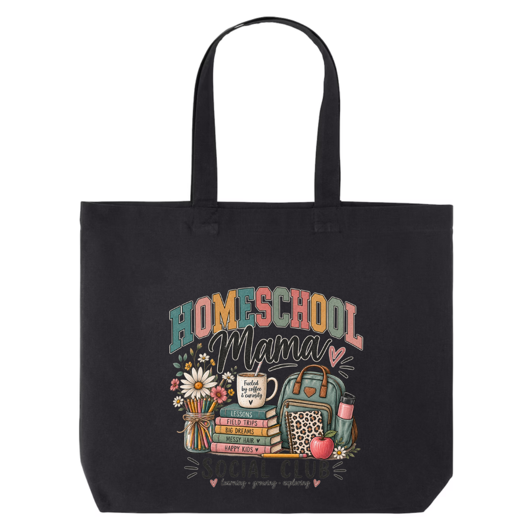Homeschool Mama Social Club design on black canvas tote
