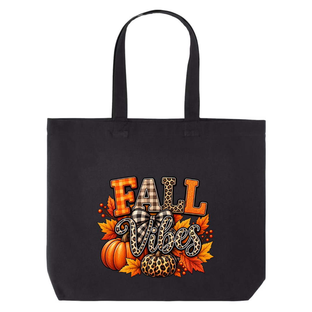 Fall Vibes design on black canvas tote