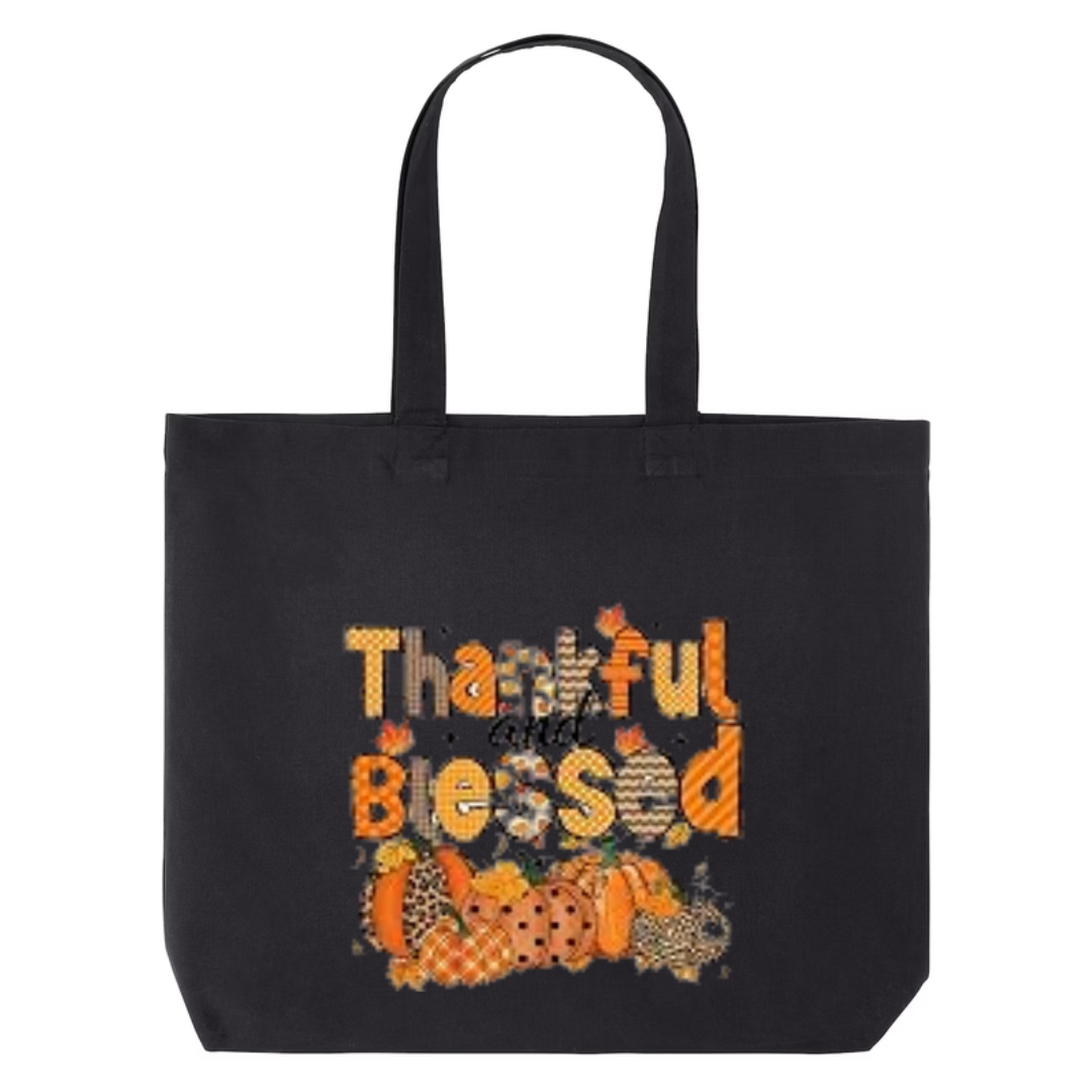 Thankful And Blessed design on black canvas tote