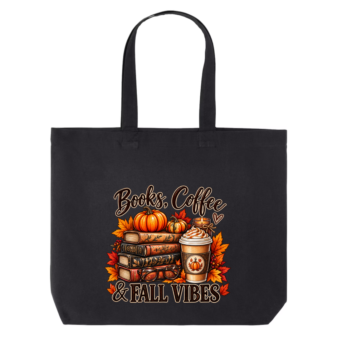 Books Coffee & Fall Vibes design on black canvas tote