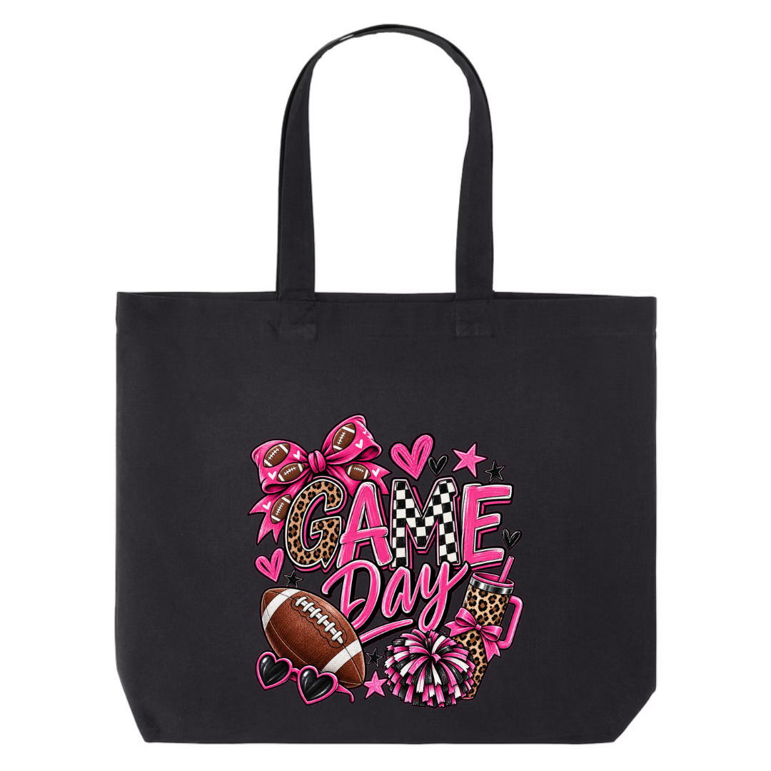 Game Day — Pink Leopard design on black canvas tote