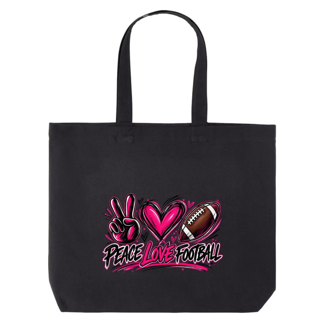 Peace Love Football design on black canvas tote