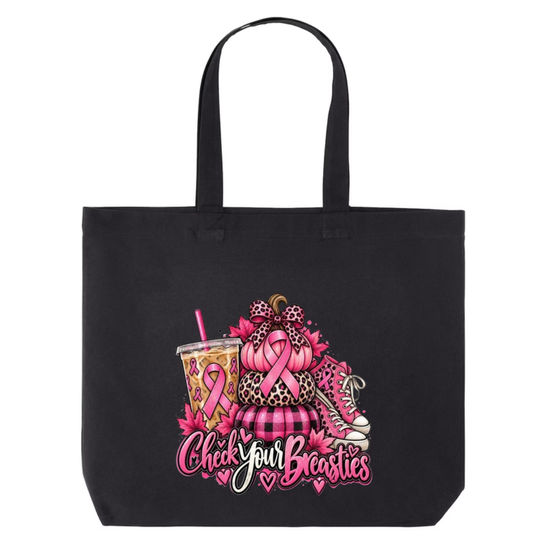 Check Your Breasties design on black canvas tote