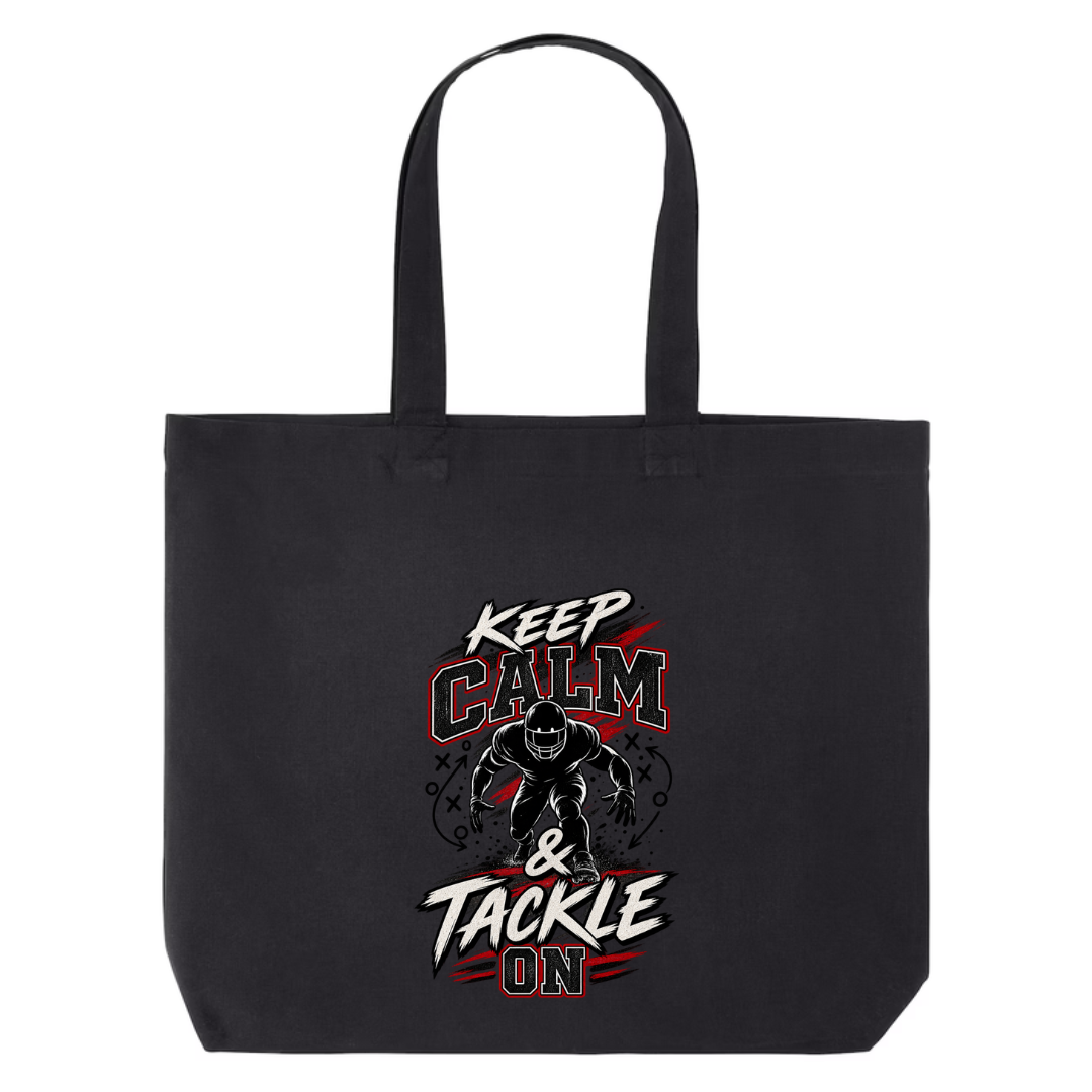 Keep Calm And Tackle On design on black canvas tote
