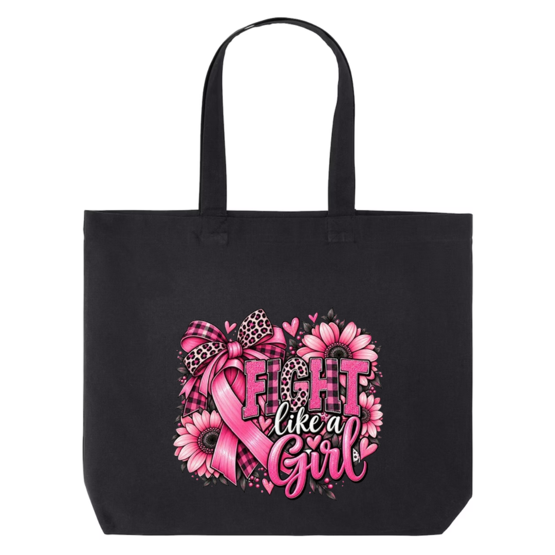 Fight Like A Girl — Sunflower Bow design on black canvas tote