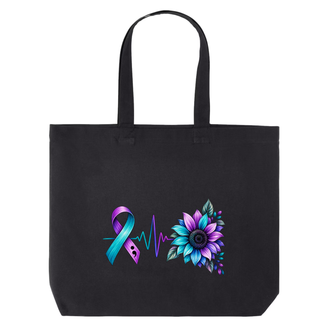 Suicide Prevention Ribbon Sunflower design on black canvas tote