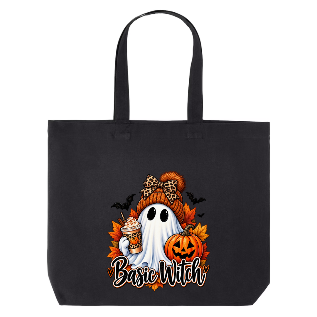Basic Witch design on black canvas tote