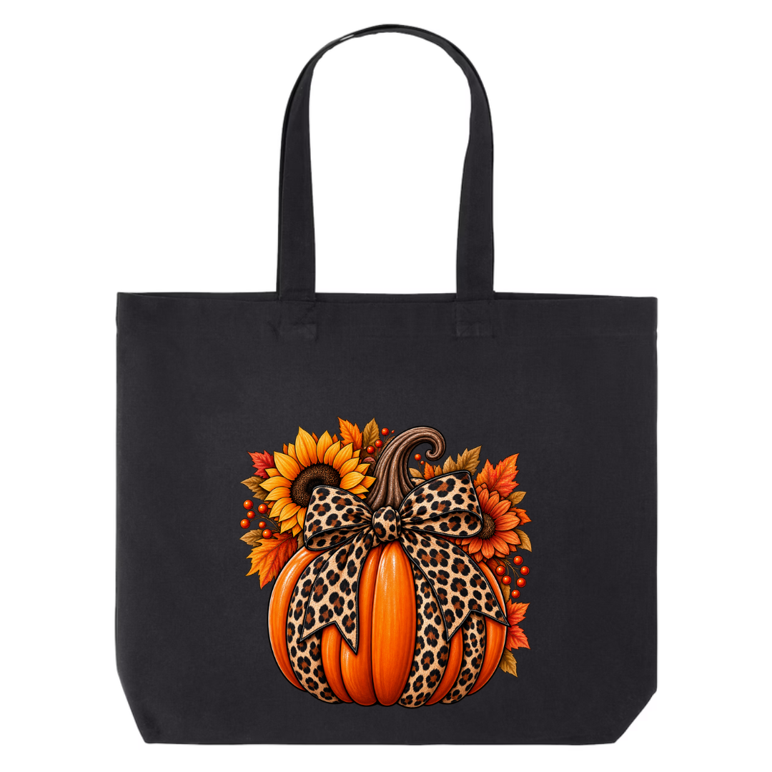 Leopard Pumpkin With Bow design on black canvas tote