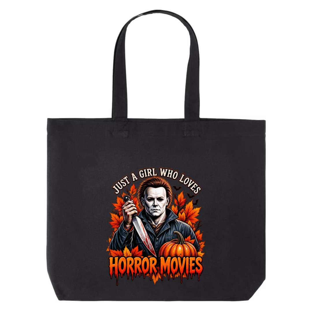 Just A Girl Who Loves Horror Movies design on black canvas tote