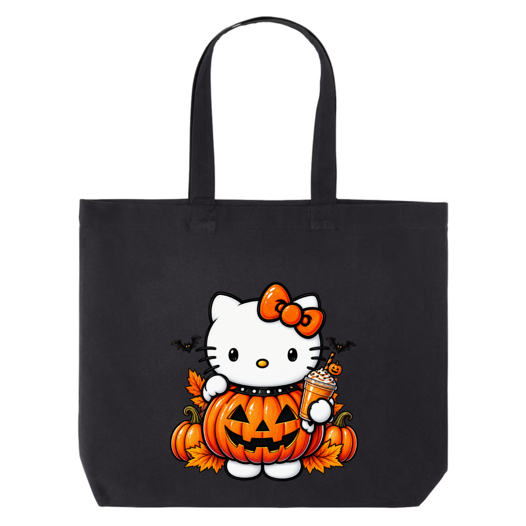 Kitty Pumpkin Latte design on black canvas tote