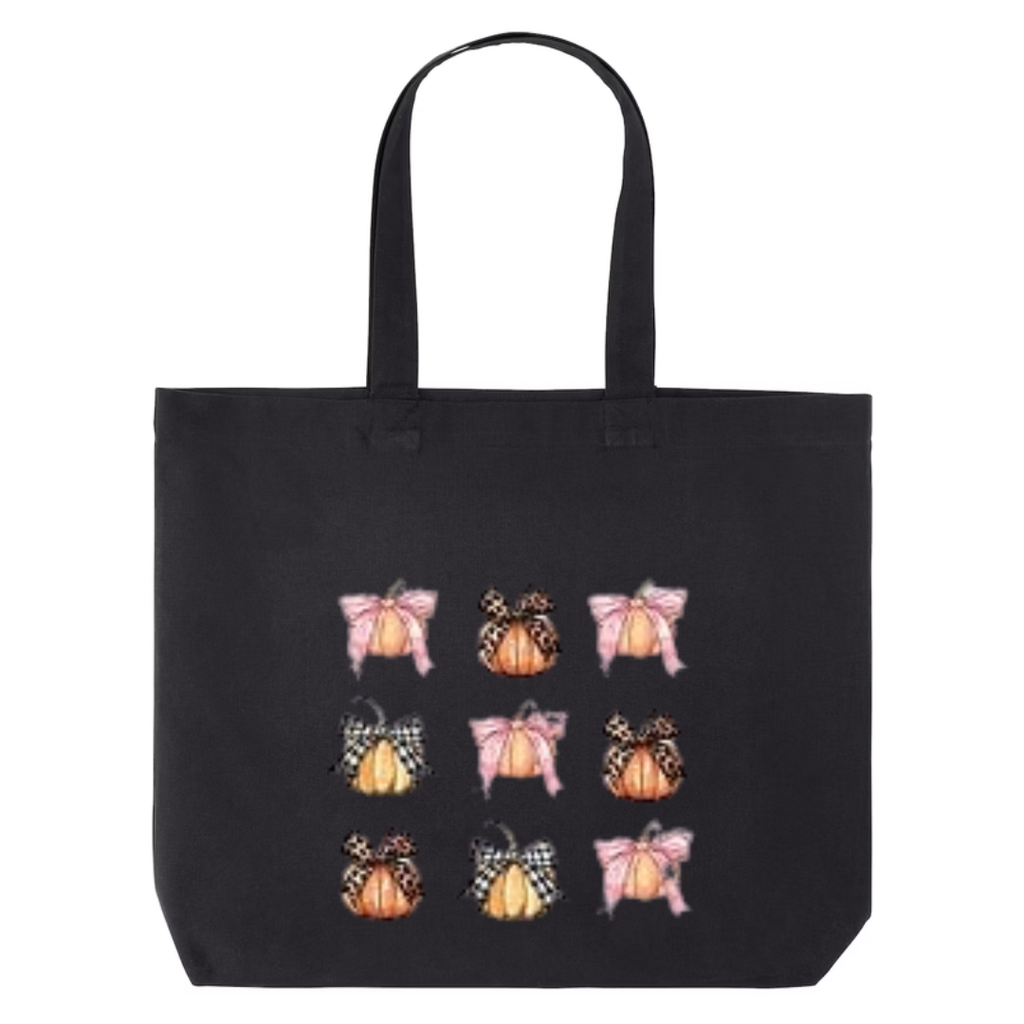 Coquette Pumpkin Bows design on black canvas tote
