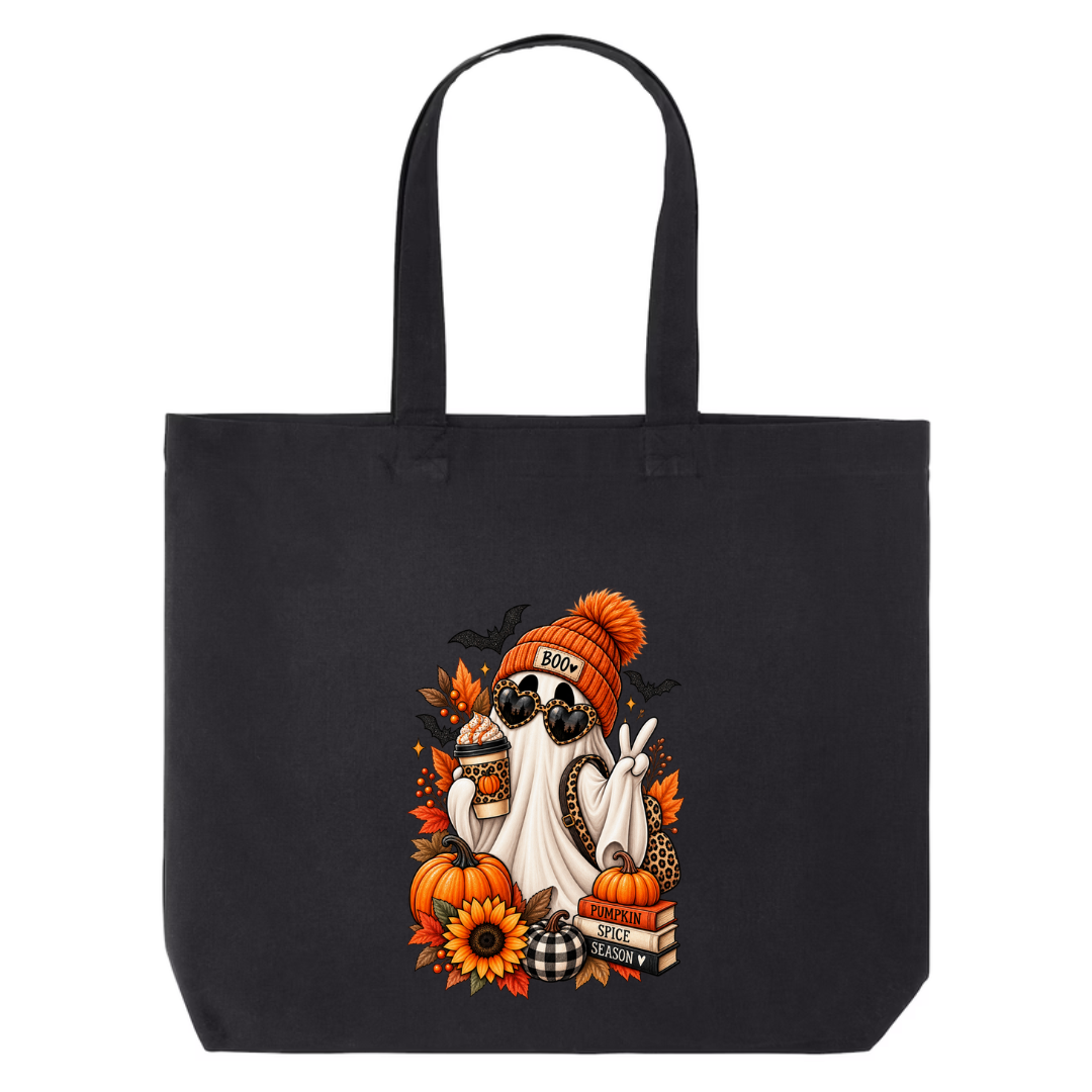 Pumpkin Spice Season Ghost design on black canvas tote