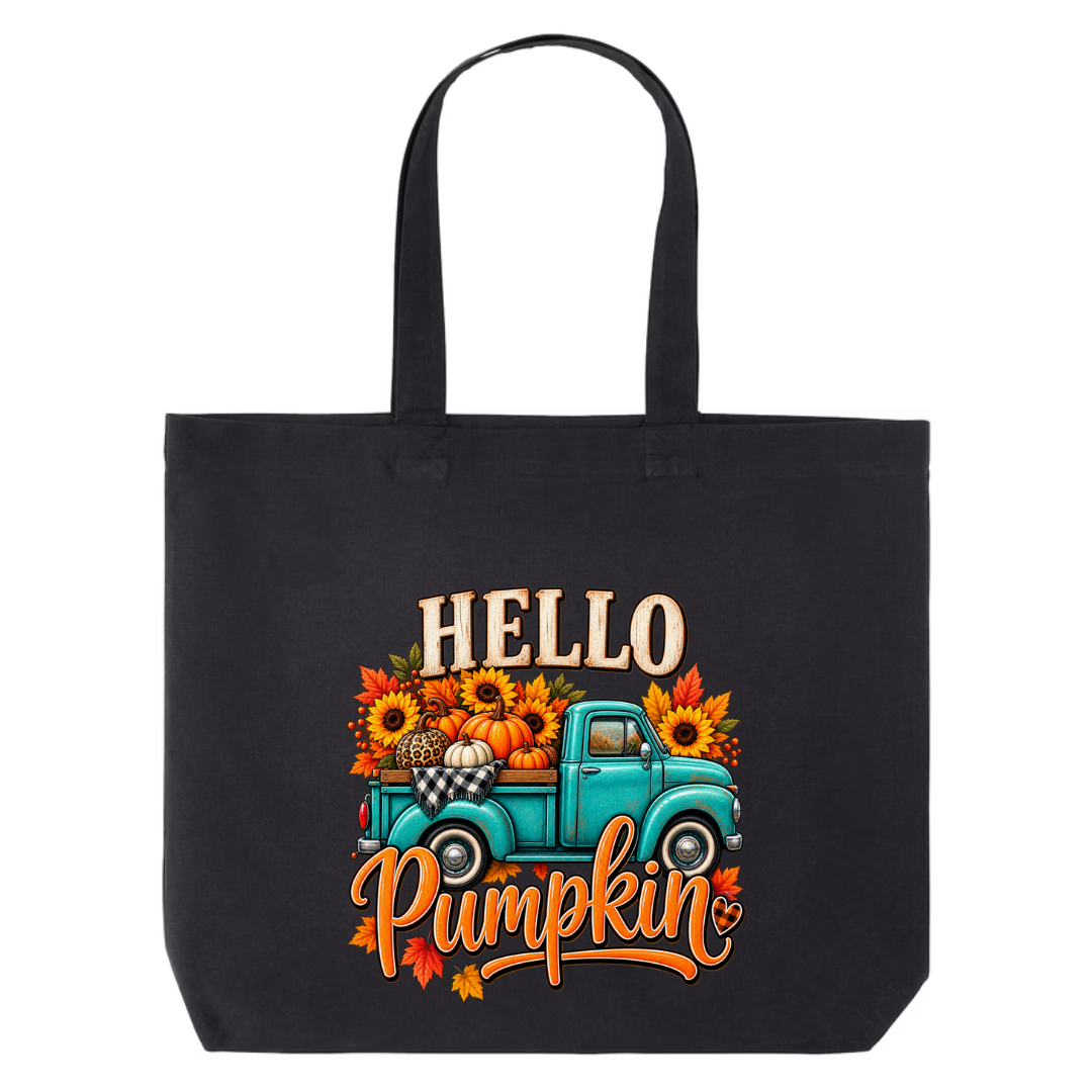 Hello Pumpkin Truck design on black canvas tote