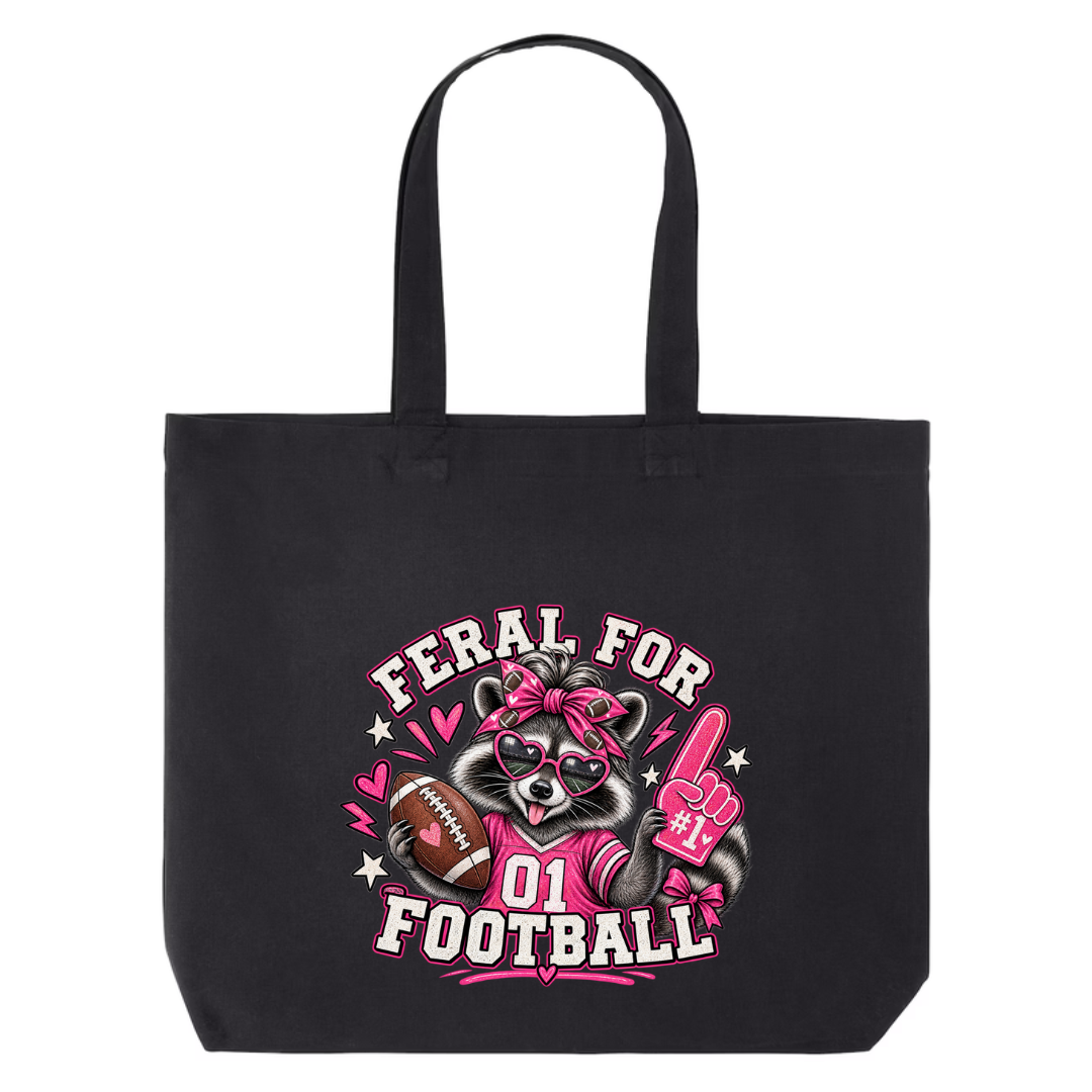 Feral For Football — Pink Cheer design on black canvas tote