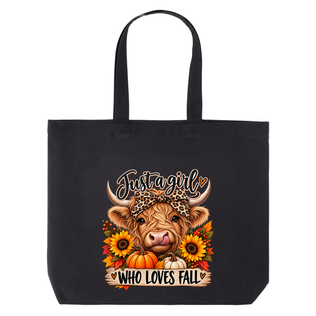 Just A Girl Who Loves Fall design on black canvas tote