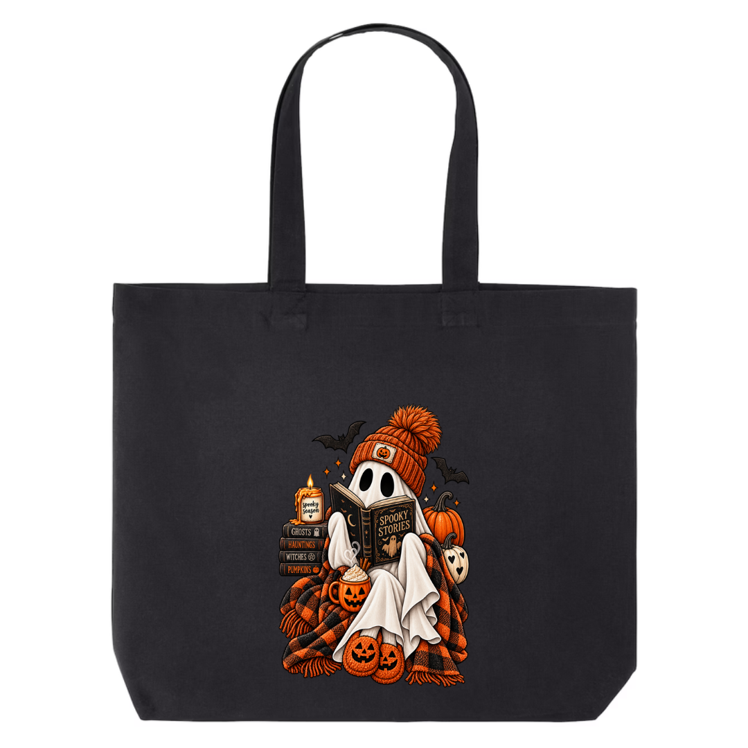 Spooky Stories design on black canvas tote