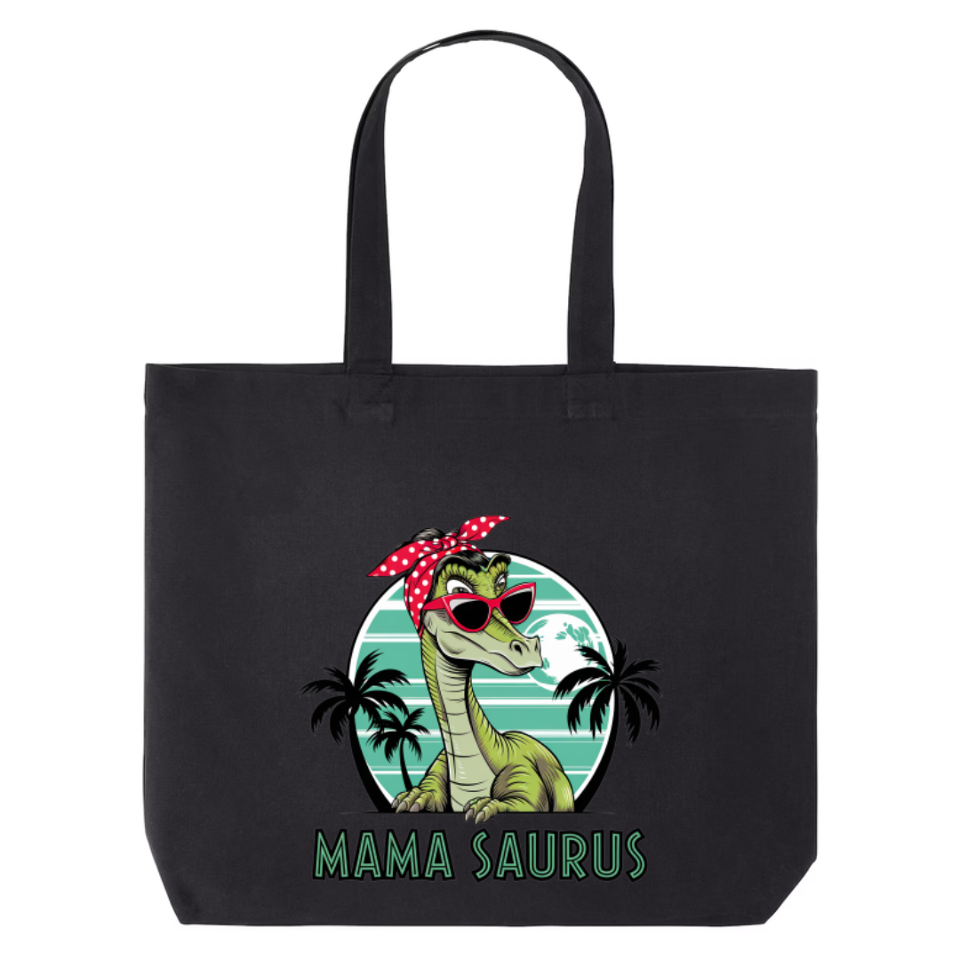 Mama Saurus design on black canvas tote