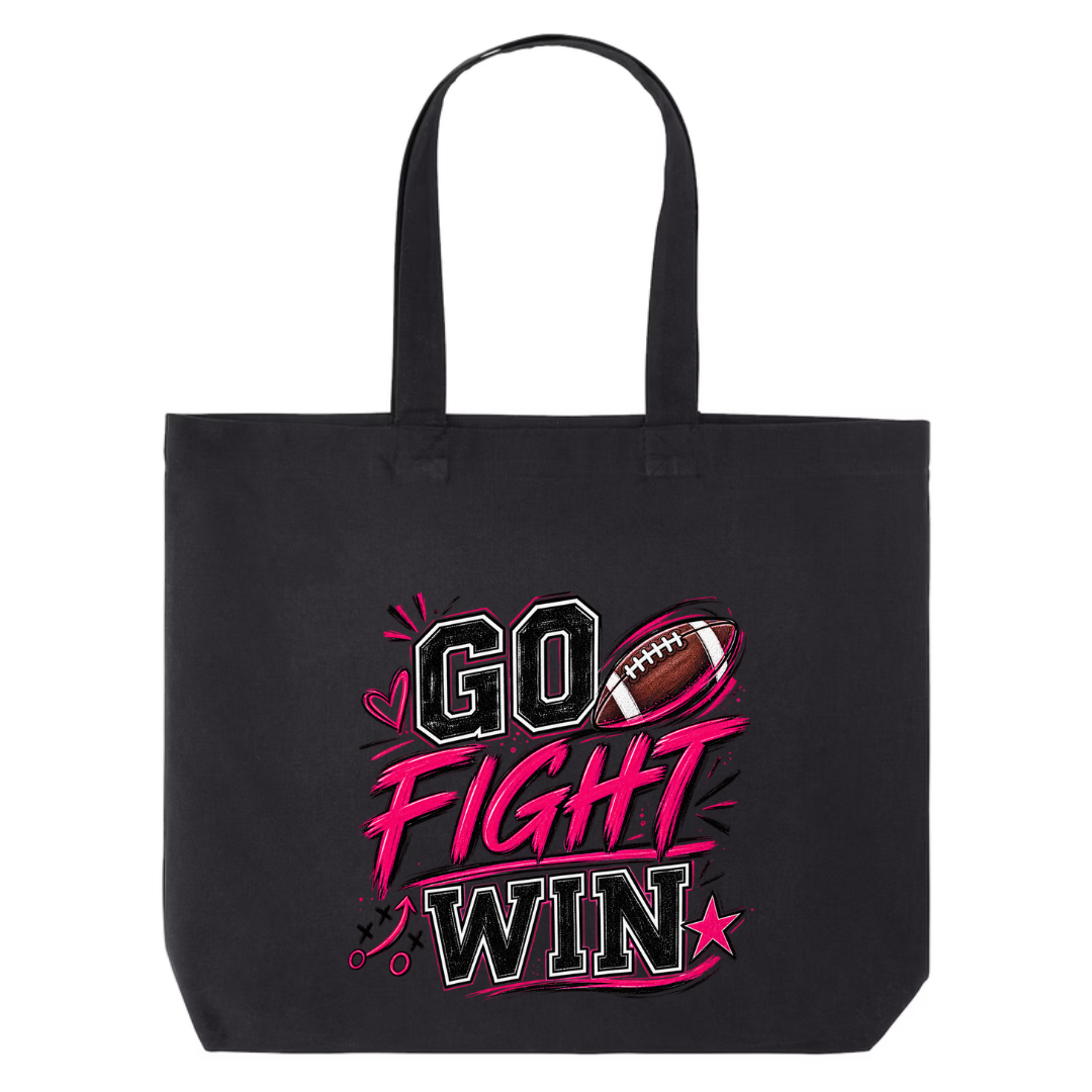 Go Fight Win design on black canvas tote