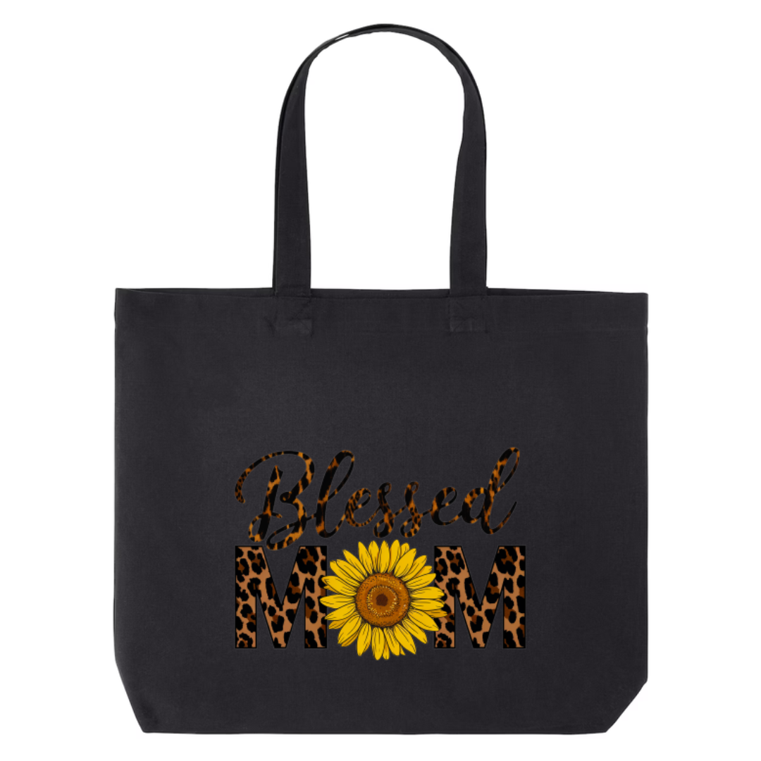 Blessed Mom design on black canvas tote