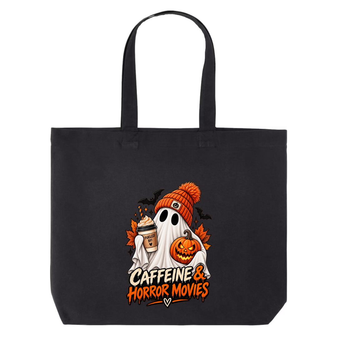 Caffeine & Horror Movies design on black canvas tote