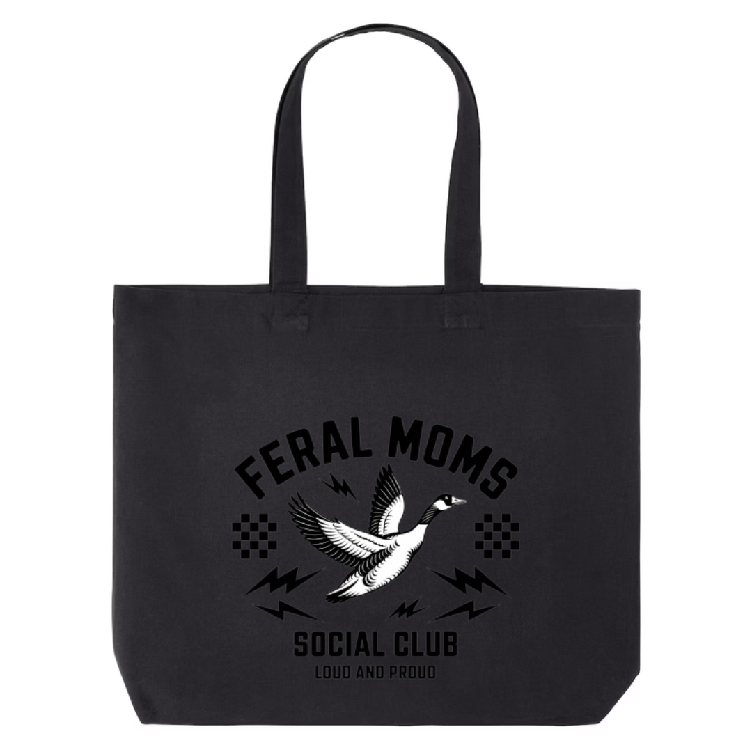Feral Moms Social Club design on black canvas tote