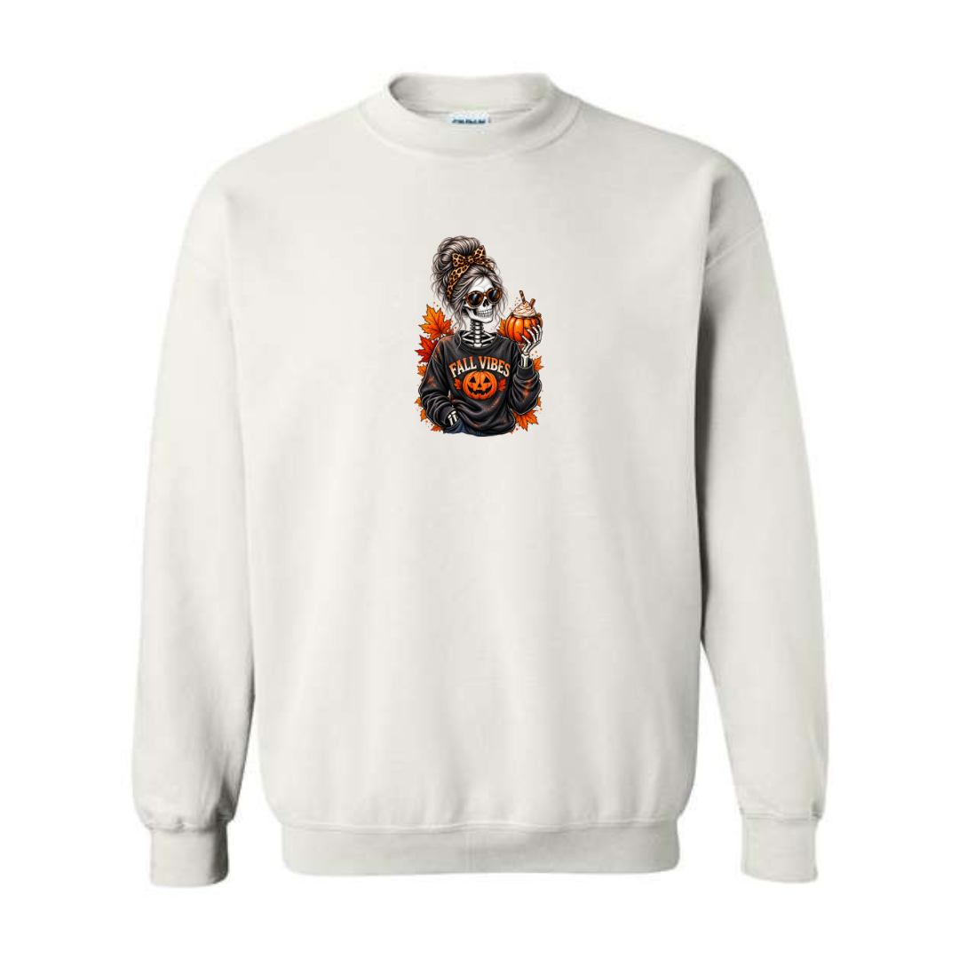 Fall Vibes Skeleton design on white crewneck sweatshirt