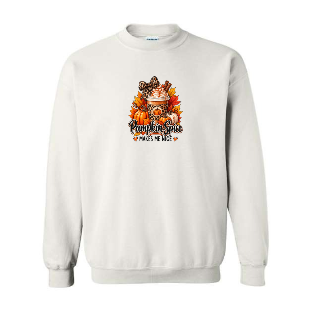 Pumpkin Spice Makes Me Nice design on white crewneck sweatshirt
