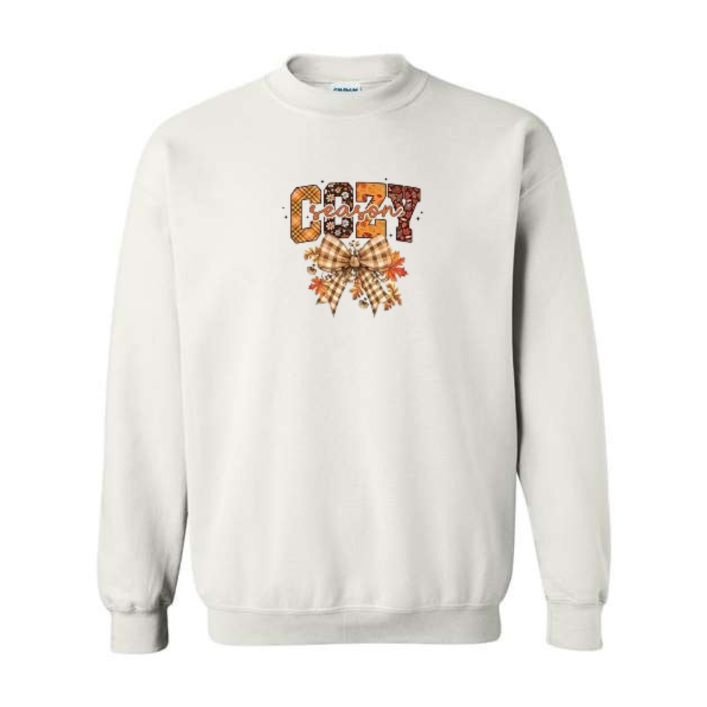Cozy Season design on white crewneck sweatshirt