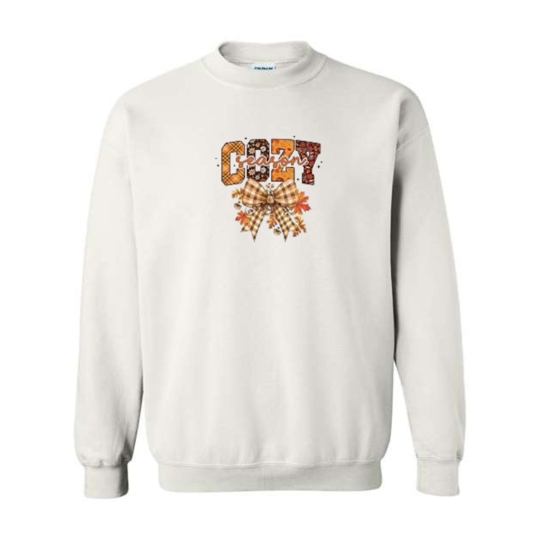 Cozy Season design on white crewneck sweatshirt