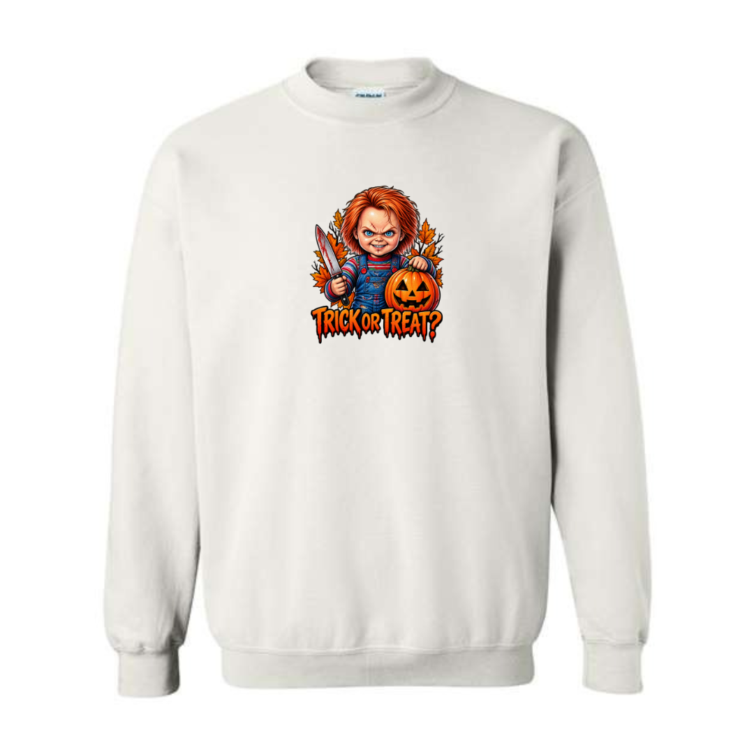 Trick Or Treat design on white crewneck sweatshirt