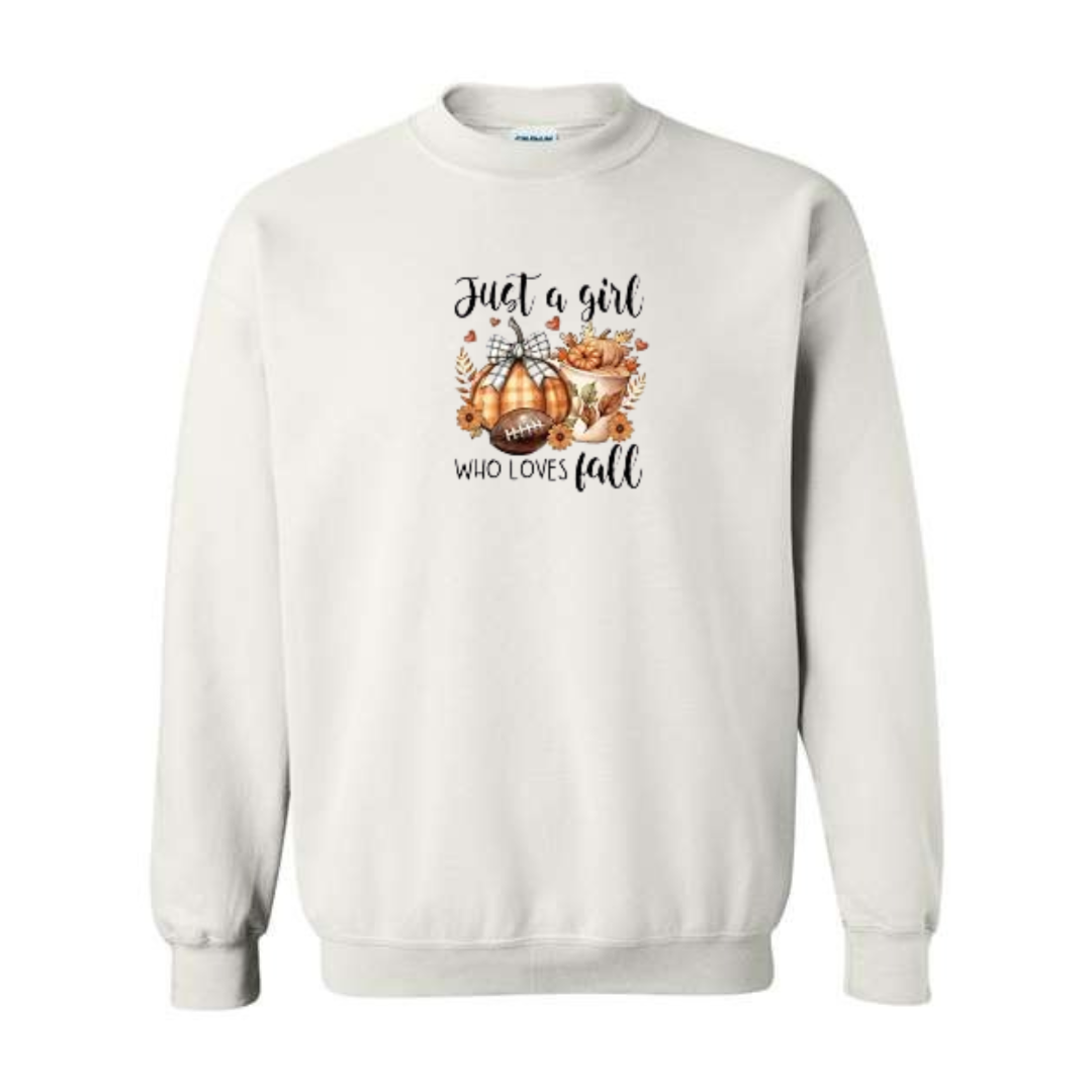 Just A Girl Who Loves Fall design on white crewneck sweatshirt